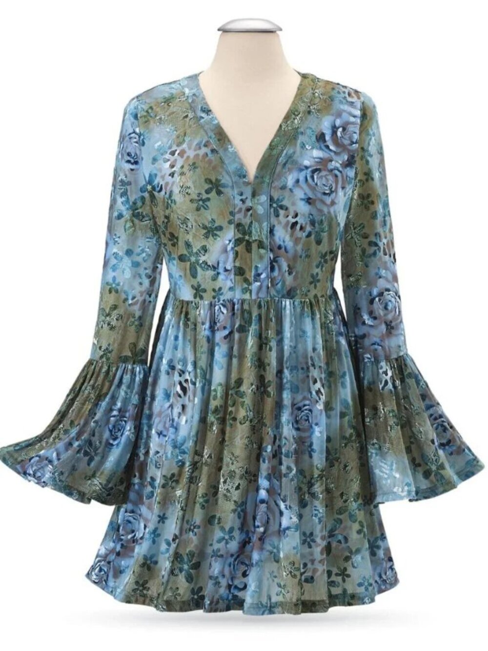 Pyramid Collection Floral Velvet Burnout Short Tunic Green Bell Sleeves Multi